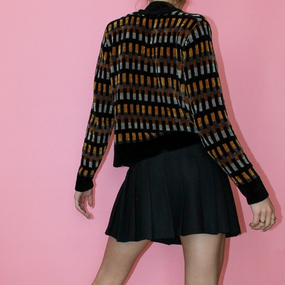 VTG 90s RAFAELLA Black/Camel/Grey Geometric Print Velour Track Jacket Sz Medium - Picture 3 of 11